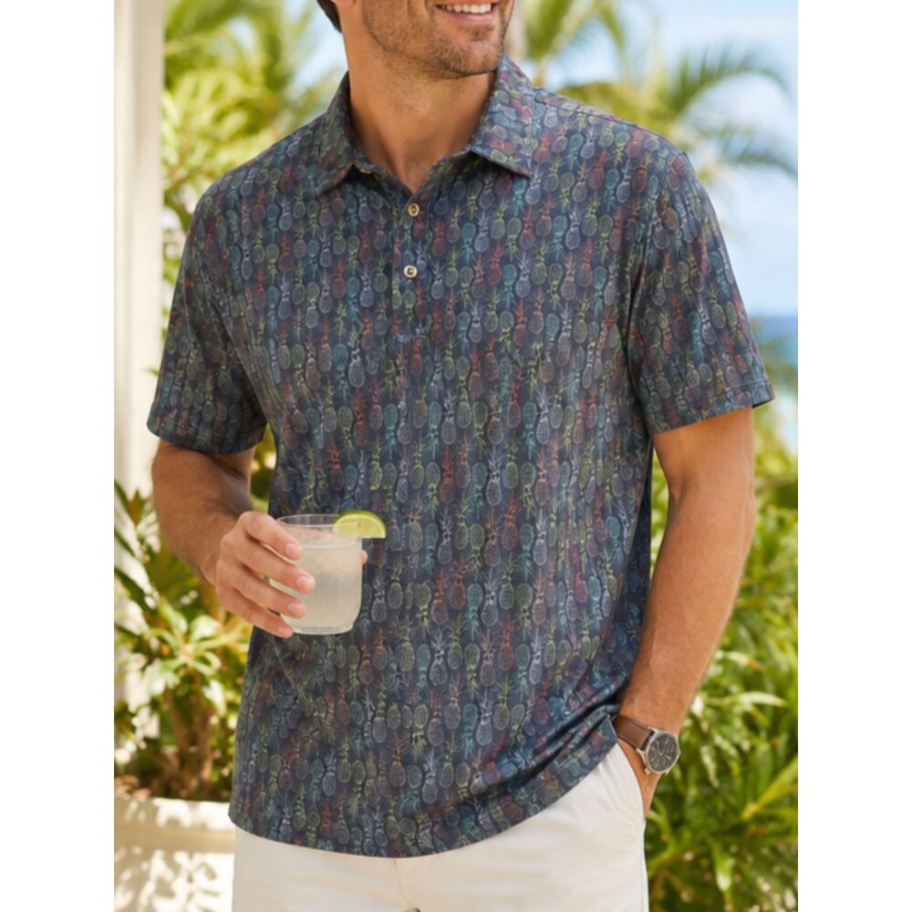 Chase 54 Pineapple Print Golf Polo Shirt Large Stretch Tropical Blue